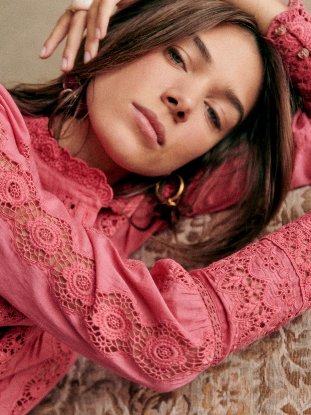 Sezane Rose Pink Lace Pintuck Blouse - Picture 8 of 10